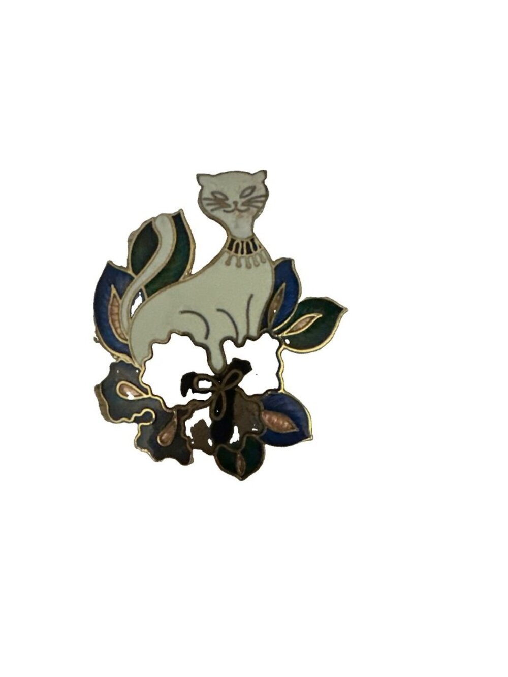 Vintage Cloisonné Enamel CAT & ORCHID Flower Brooch Pin Enameled 70’s
